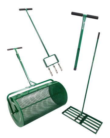 Landzie 4-Step Lawn and Garden Renovation Tools - Test, Aerate, Level, Spread